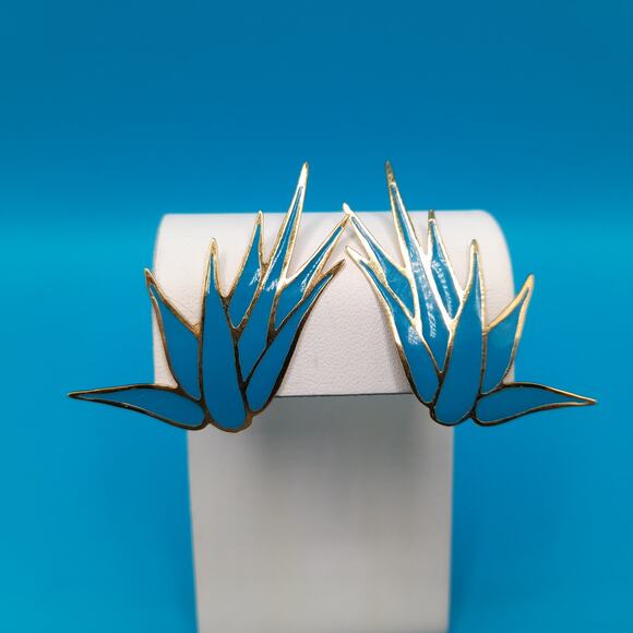 Vintage L Bott Modernist Burst Earrings, Turquoise Enamel, Gold Tone, 80s - Picture 2 of 10